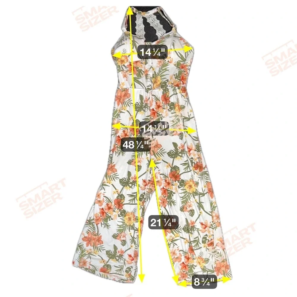 No Boundaries Junior Girls Large Tie Front Tropical Floral Halter White Jumpsuit